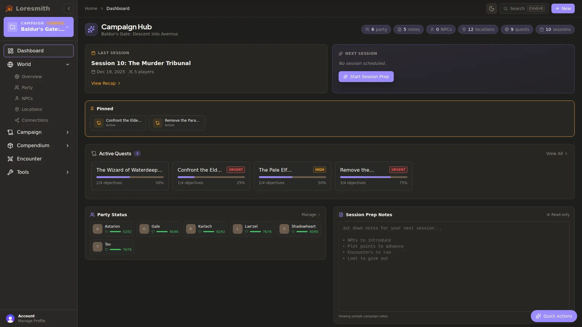 Dashboard showing session prep hub