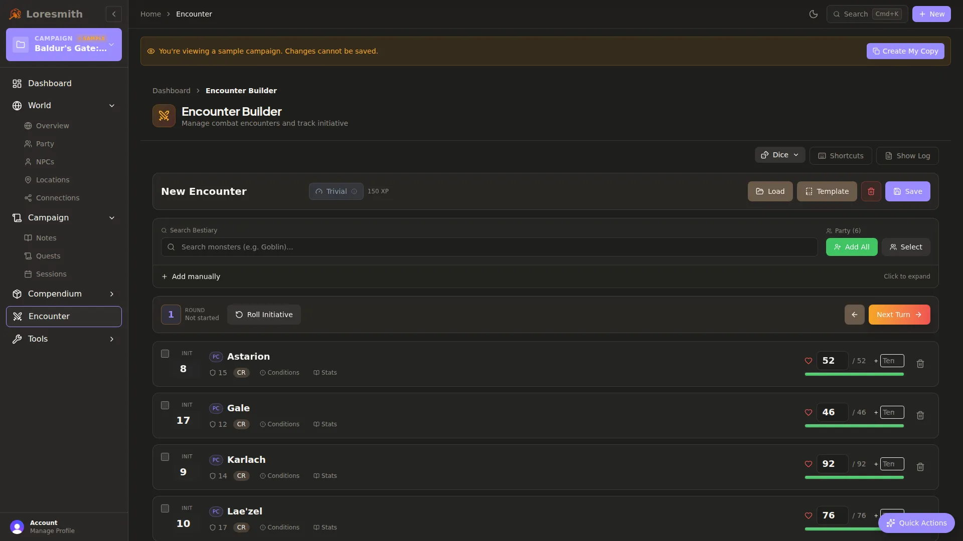 Encounter tracker with initiative order and combatant management