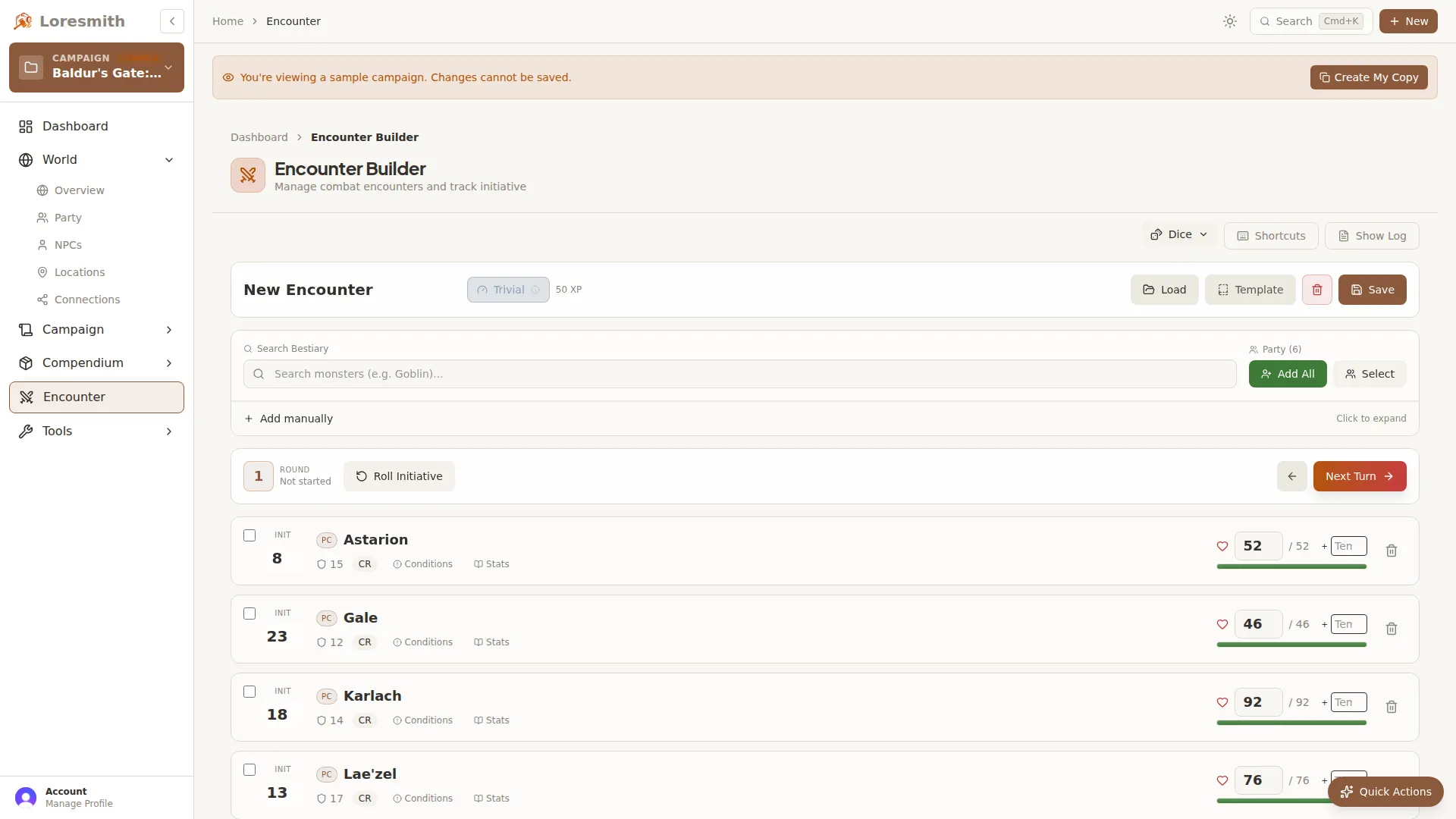 Encounter tracker with initiative order and combatant management